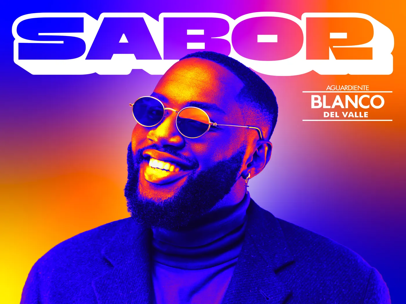 SABOR campaign graphic for Aguardiente Blanco del Valle, duotone portrait on a vibrant gradient