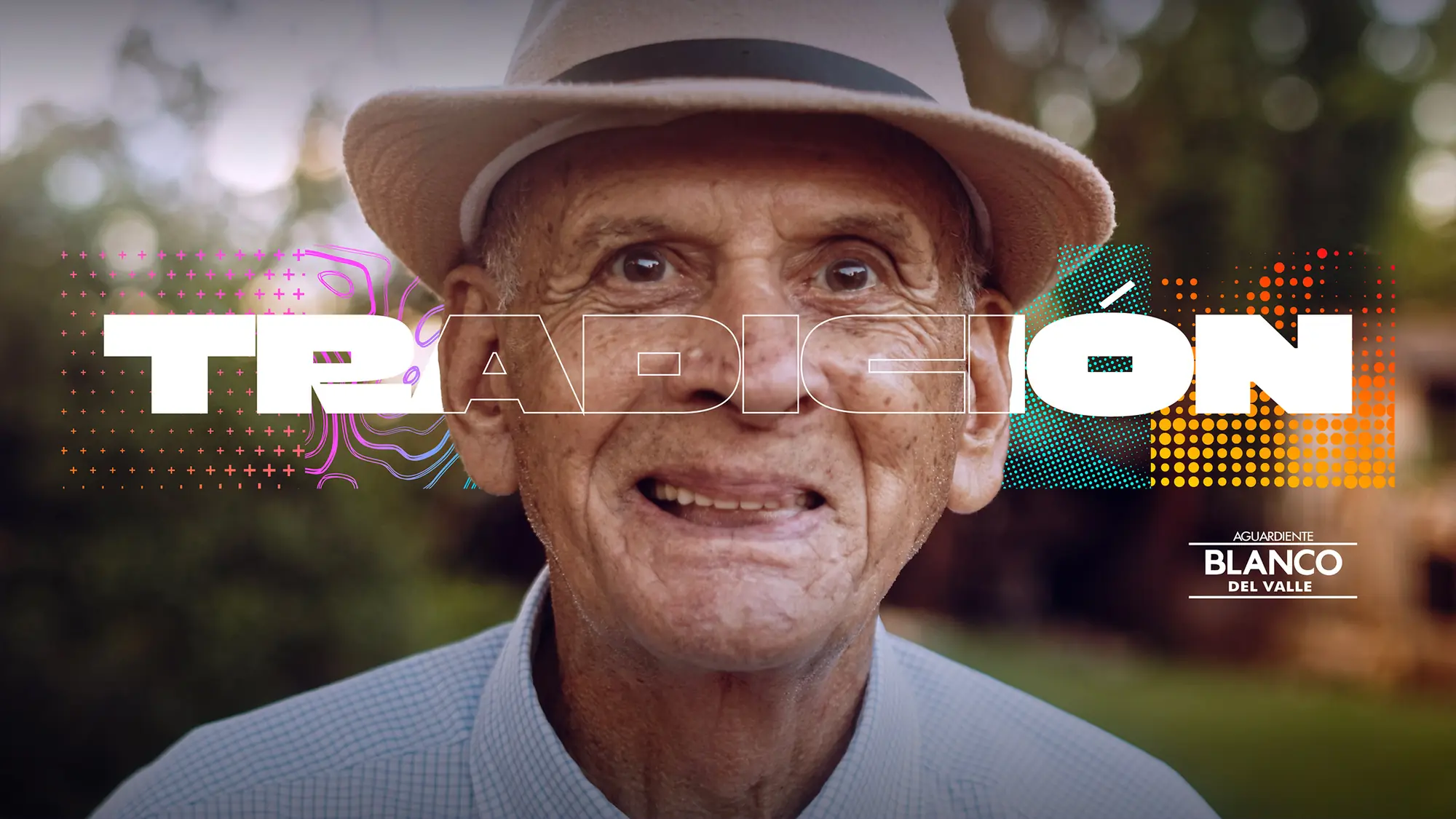 TRADICIÓN: portrait-led key art paired with halftone pattern accents