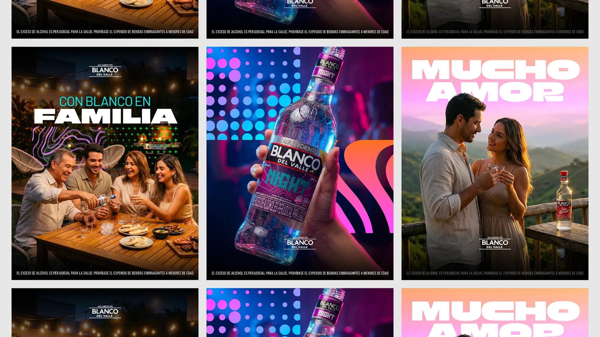 Social content grid: family gatherings, night out and couple moments built around the product