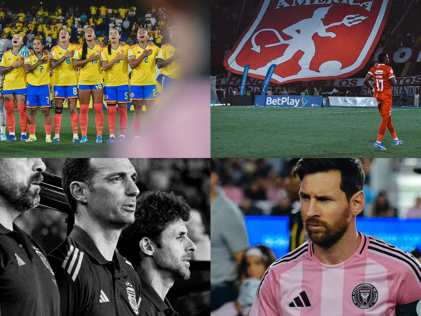 Sports photography selection: Colombia women\'s team singing the anthem, an América de Cali tifo, coaching staff in black and white, and Messi in Inter Miami pink