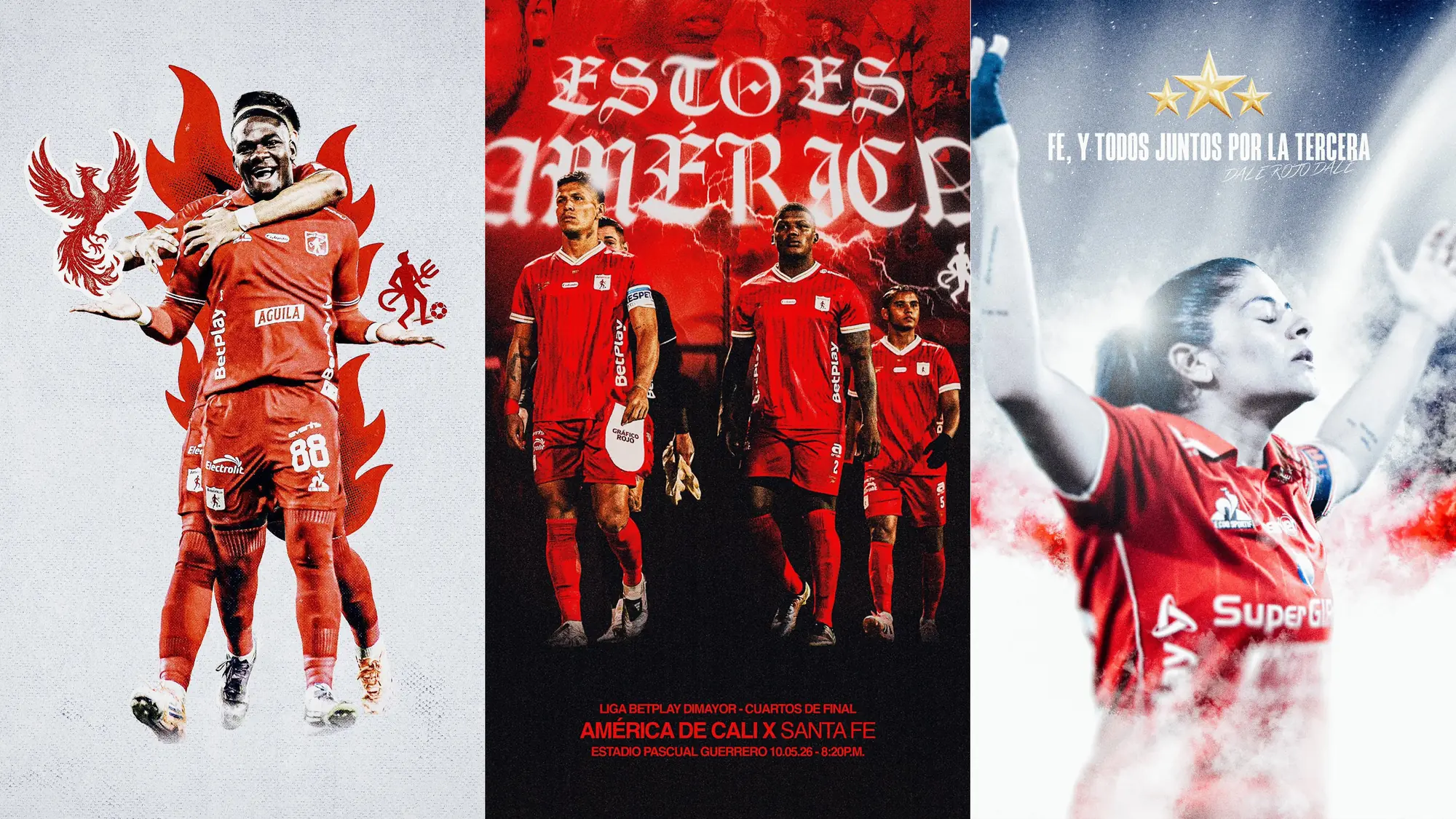 A grid of América de Cali matchday posters across halftone, 3D and typography-led techniques
