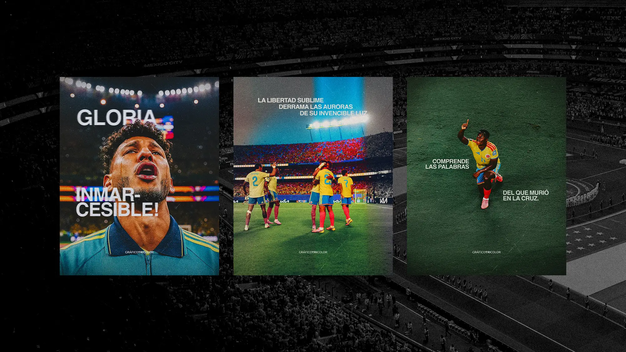 Colombia x Suiza matchday poster shown printed and pasted on a brick wall